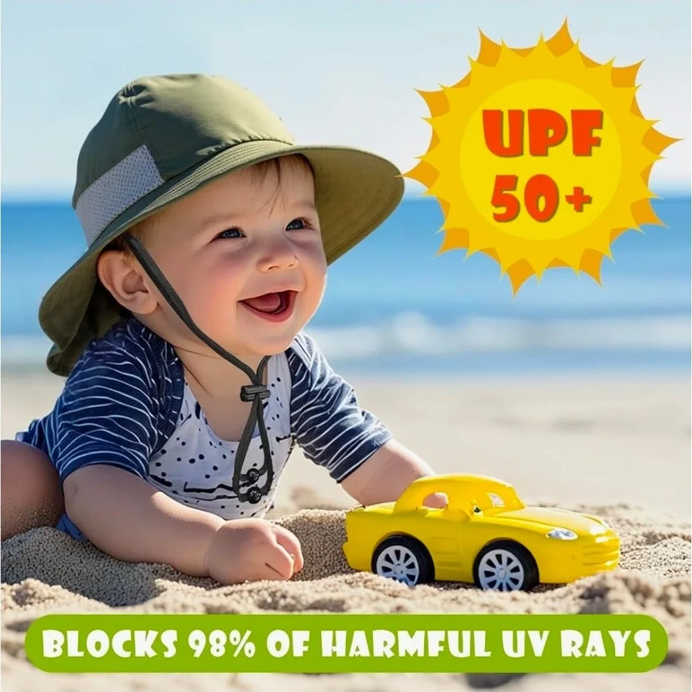 Kids Sun Hat UPF 50+ Adjustable Wide Brim Beach Neck Flap Olive Gray Size M 2-5Y